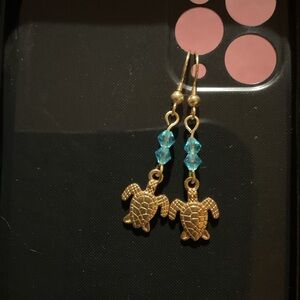 Gold Turtle Earrings with Blue Accents